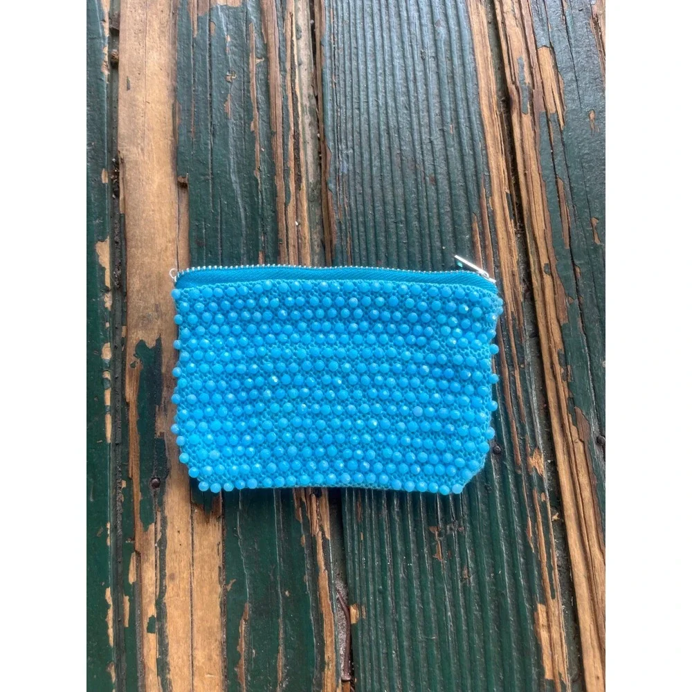 Vintage Turquoise Blue Beaded Zipper Pouch Set Coin‎ Purse Makeup Bag 2pc